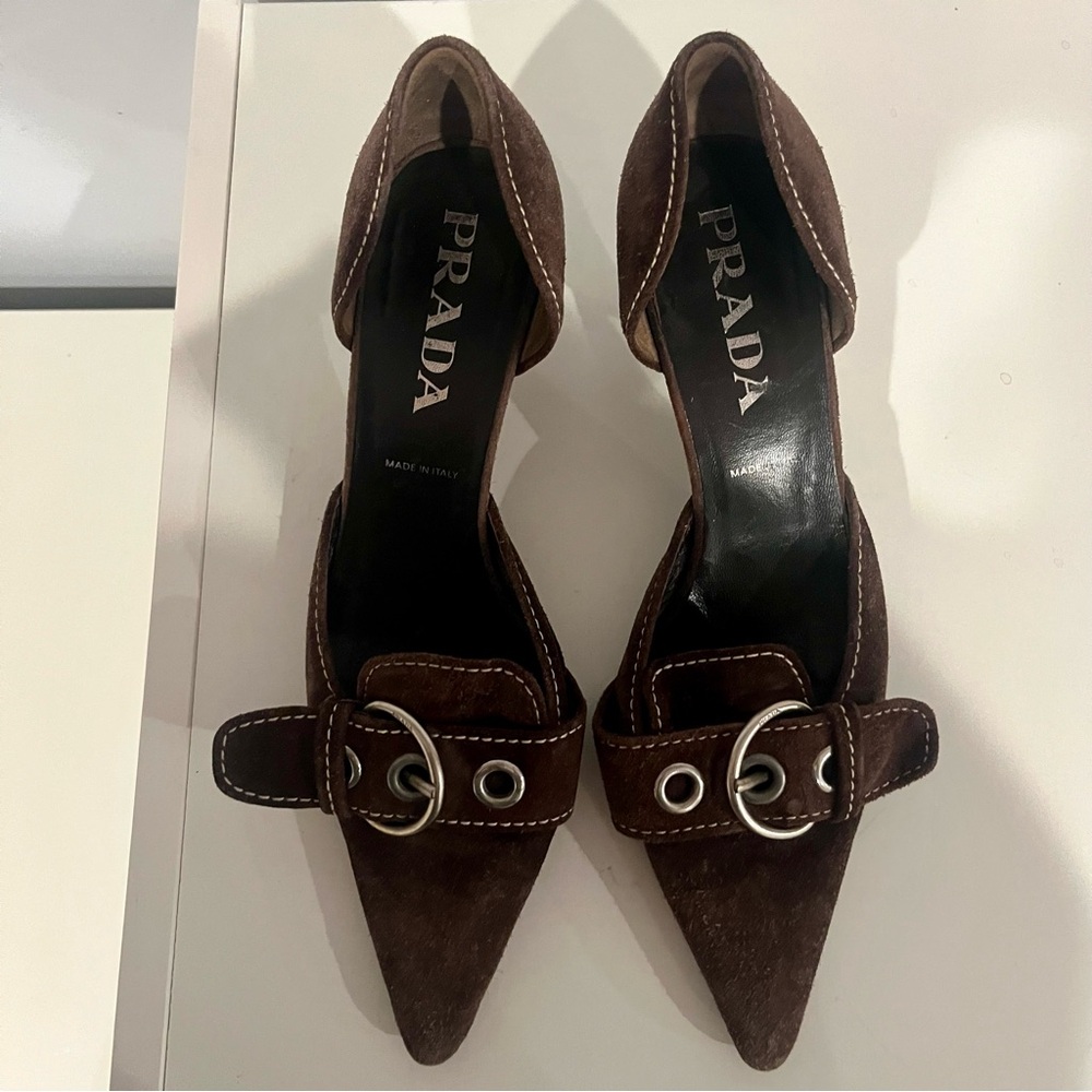 Vtg Prada Dark Brown Buckle Kitten Heels 37 Suede Y2K